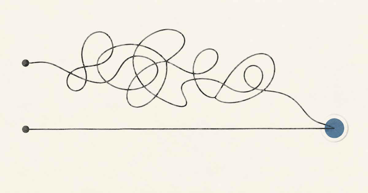 Editorial illustration showing a tangled path and a direct path reaching the same destination, representing effort, efficiency, and professional value.
